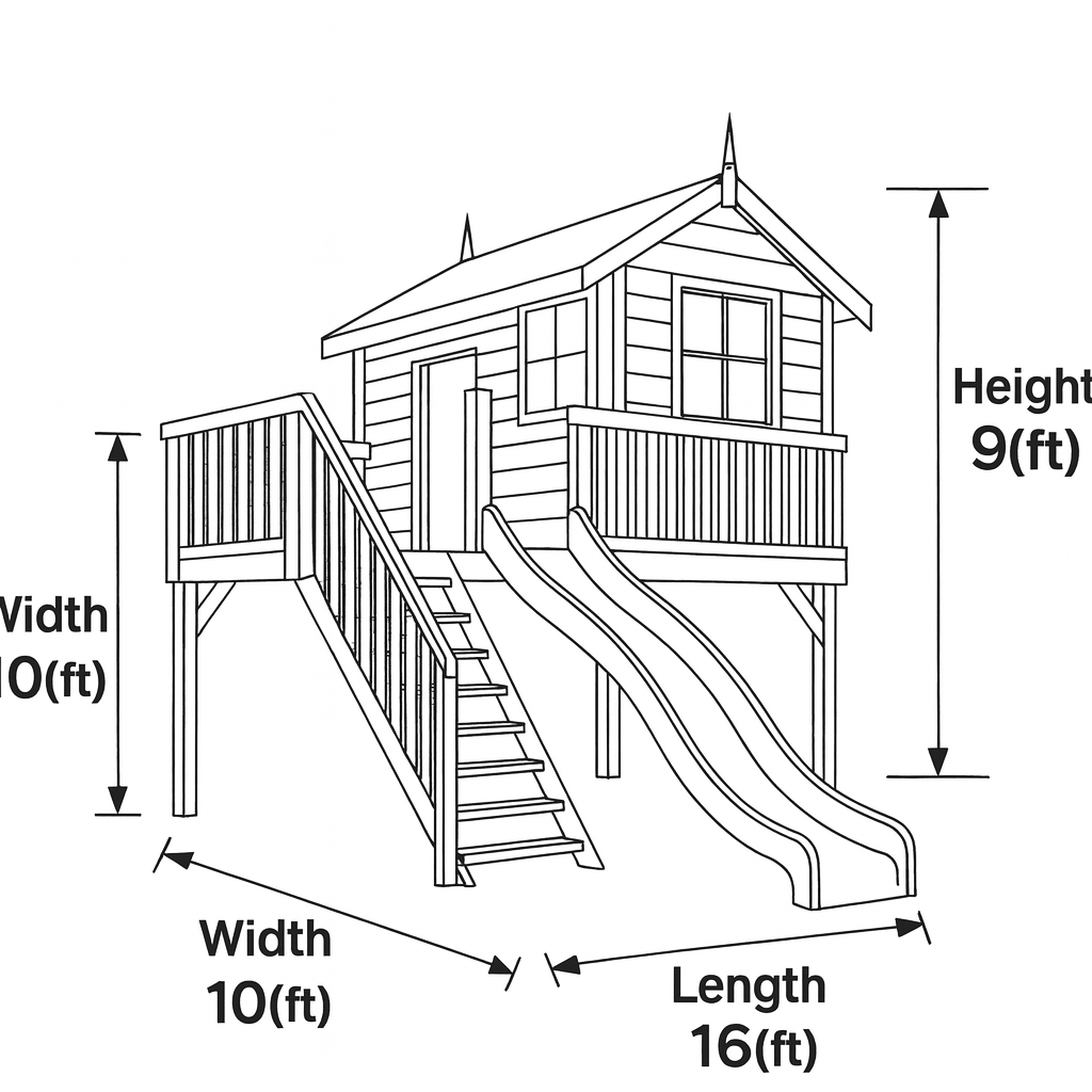 Modern Wooden Playhouse with Double Slide – 16ft x 10ft x 9ft Outdoor Backyard Activity House for Kids