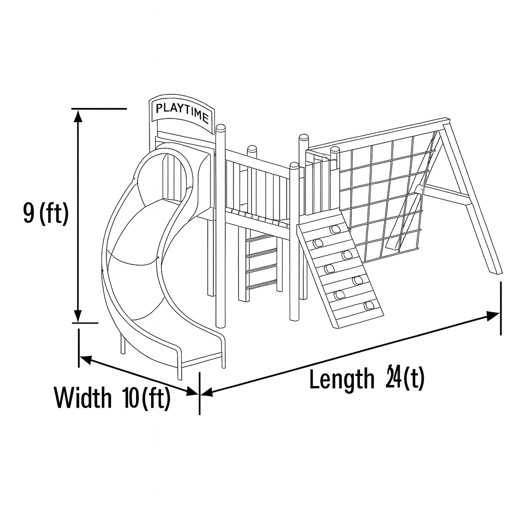 Backyard Wooden Playground with Curved Slide, Rock Climbing Wall & Rope Net | 9ft Height Outdoor Playset