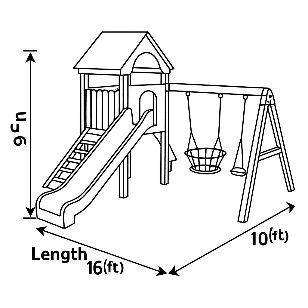 Outdoor Wooden Playground with Slide, Swings & Climbing Features – Safe Backyard Playset for Kids (16ft x 10ft x 9.5ft)