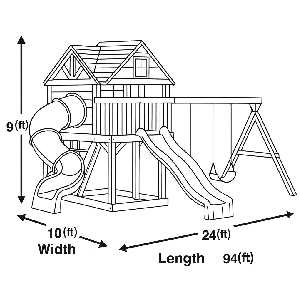Deluxe Wooden Playhouse with Dual Slides, Spiral Tube Slide, Triple Swings & Garden Base – Outdoor Kids Activity Center | 24x10x9 ft