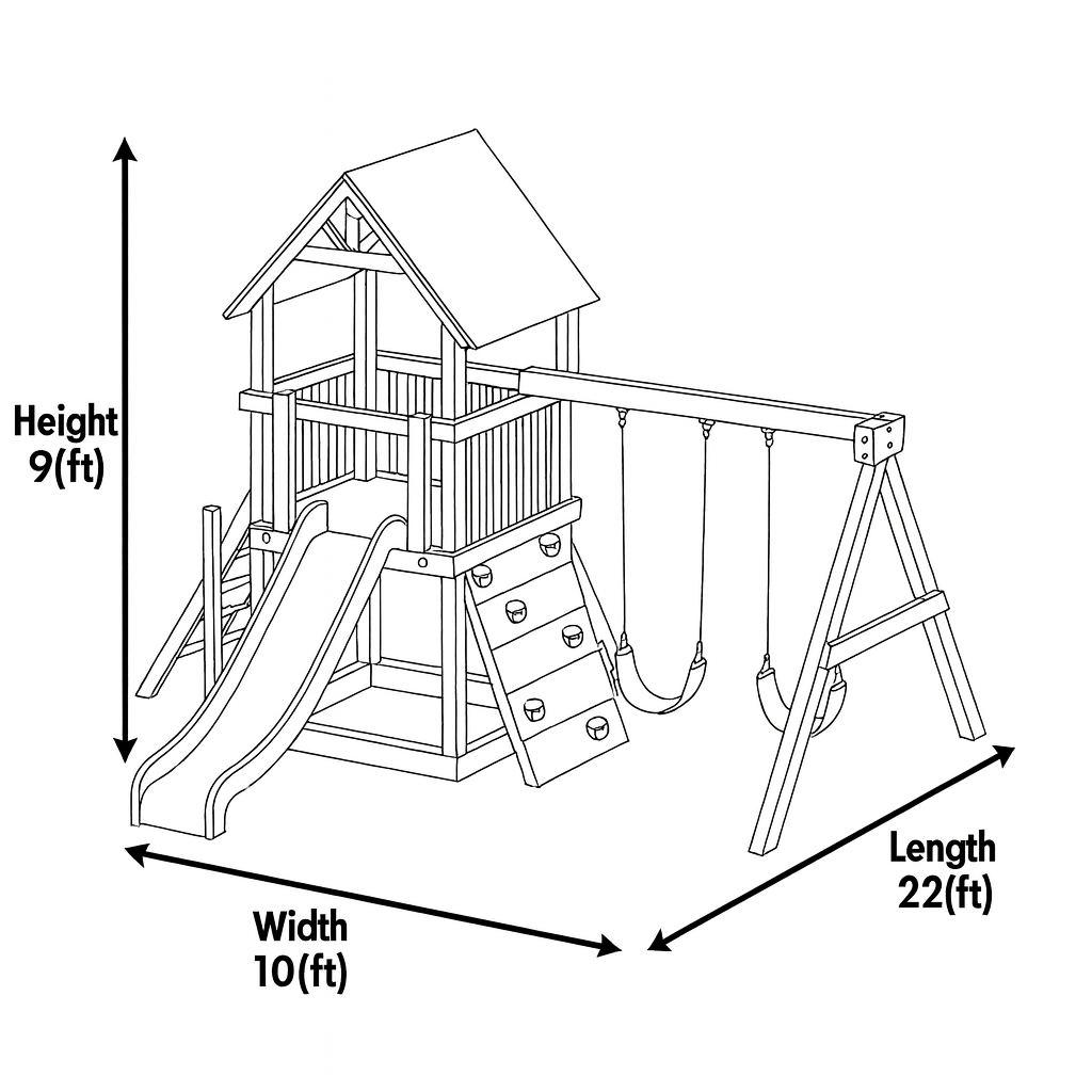 Wooden Outdoor Playset with Double Swings, Slide & Climbing Wall – 22ft x 10ft x 9ft Backyard Playground