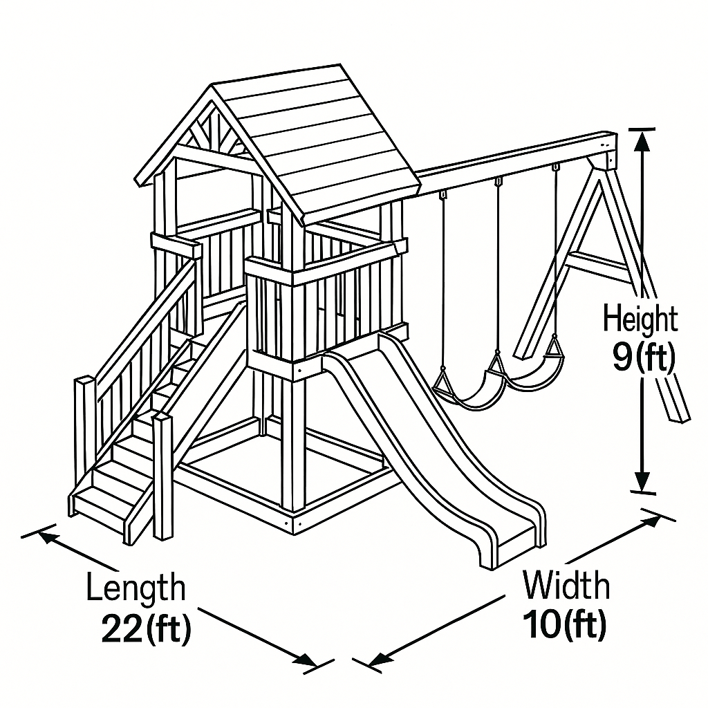 Backyard Wooden Playset with Double Swing, Climbing Stairs & Metal Slide – 22ft x 10ft x 9ft