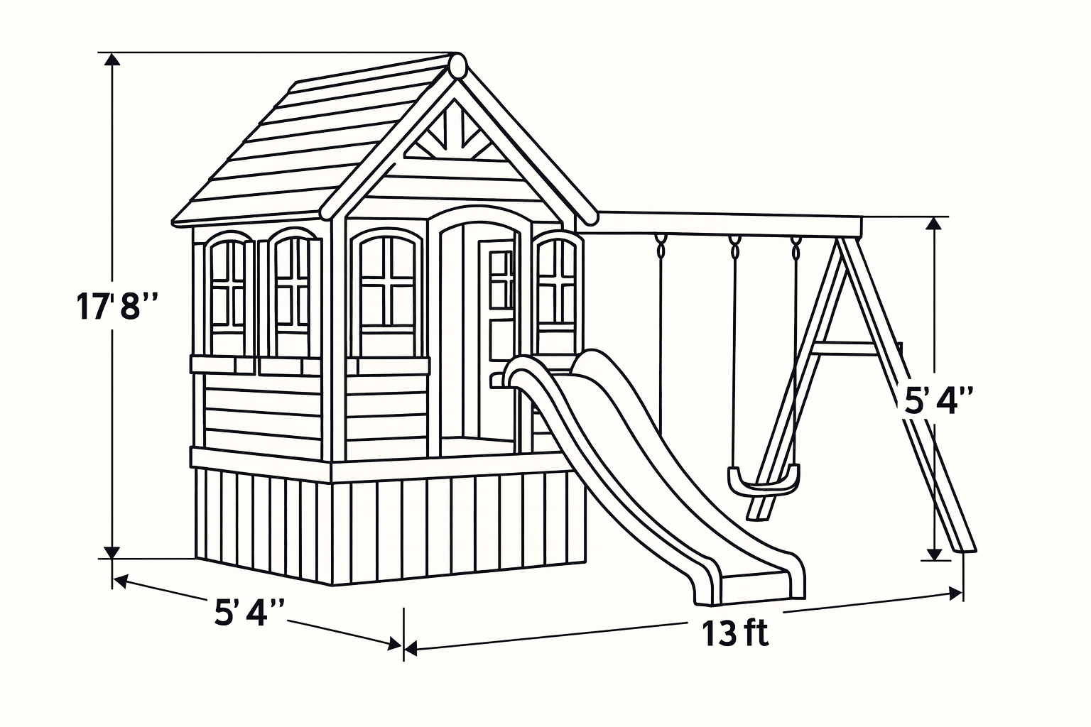 Wooden Playhouse with Slide & Swings | Tall Outdoor Kids Playground for Backyard Fun