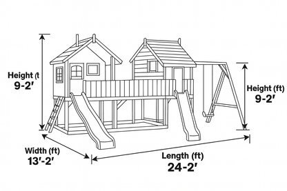 Outdoor Wooden Swingset with Playhouse, Slide & Climbing Wall