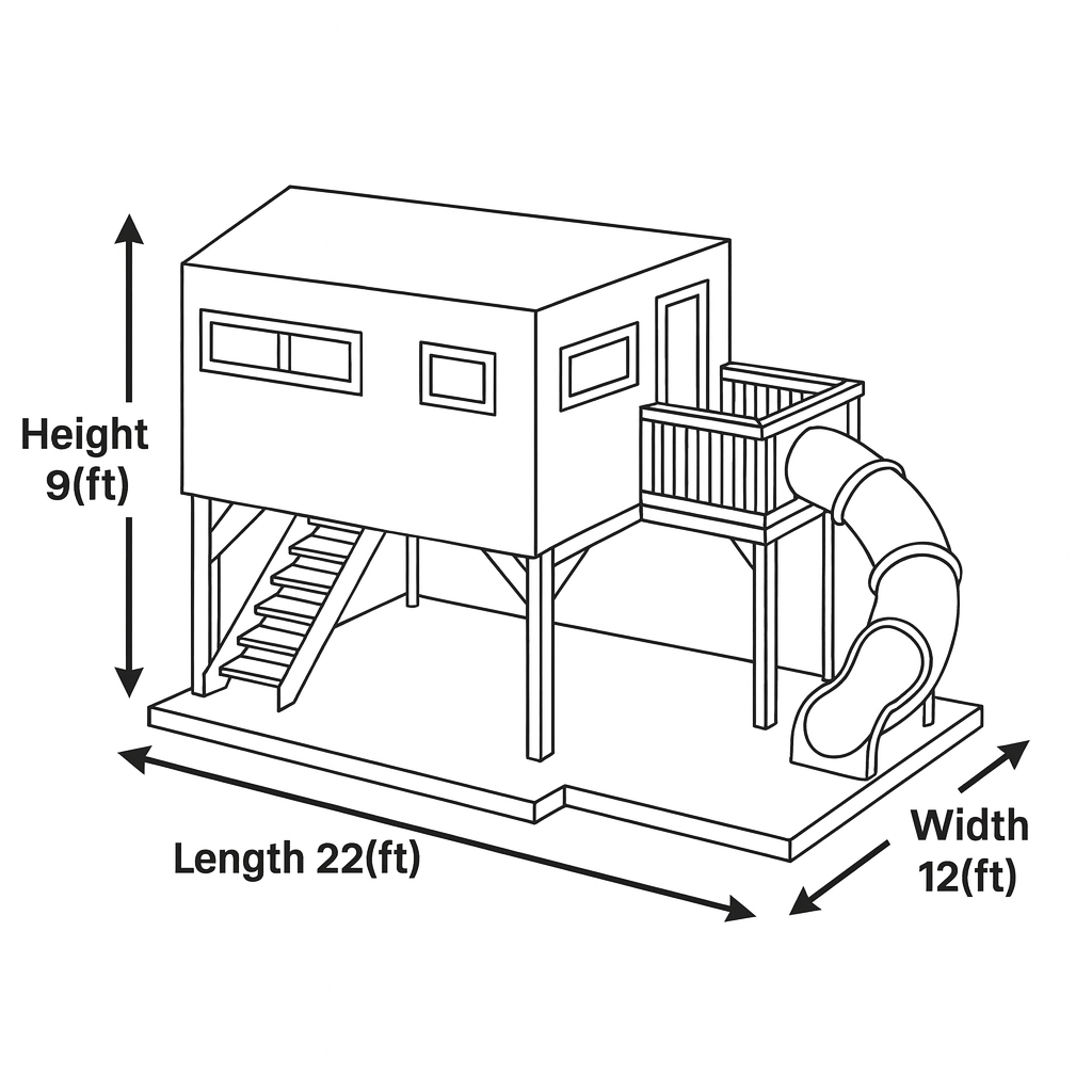 Modern Elevated Playhouse with Spiral Slide – Outdoor Wooden Adventure Set, 22ft x 12ft x 9ft