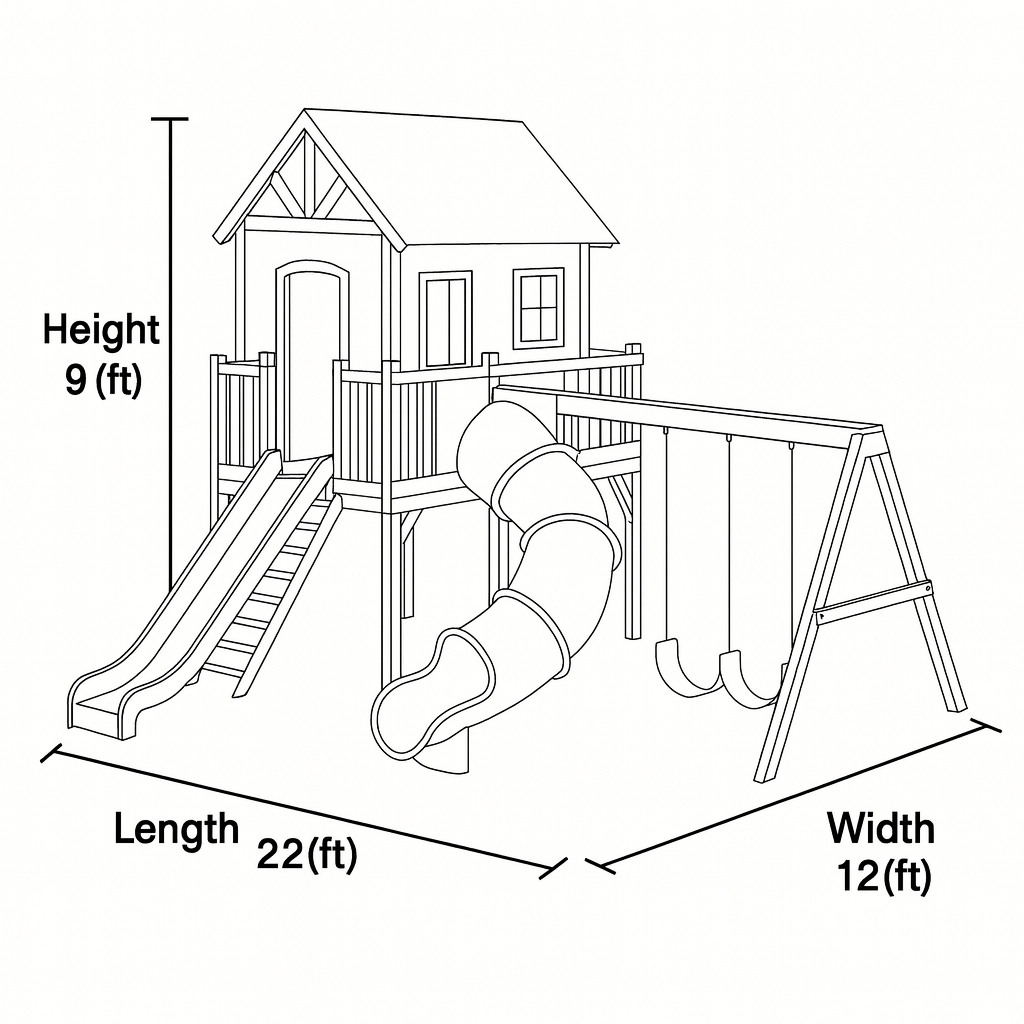 Deluxe Wooden Playhouse with Dual Slides, Swings & Hammock – Outdoor Backyard Adventure Set (22ft x 12ft x 9ft)