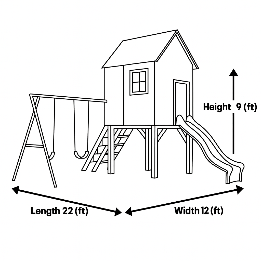 Modern Wooden Playhouse with Slide & Swings – 22ft x 12ft x 9ft Outdoor Kids Playground