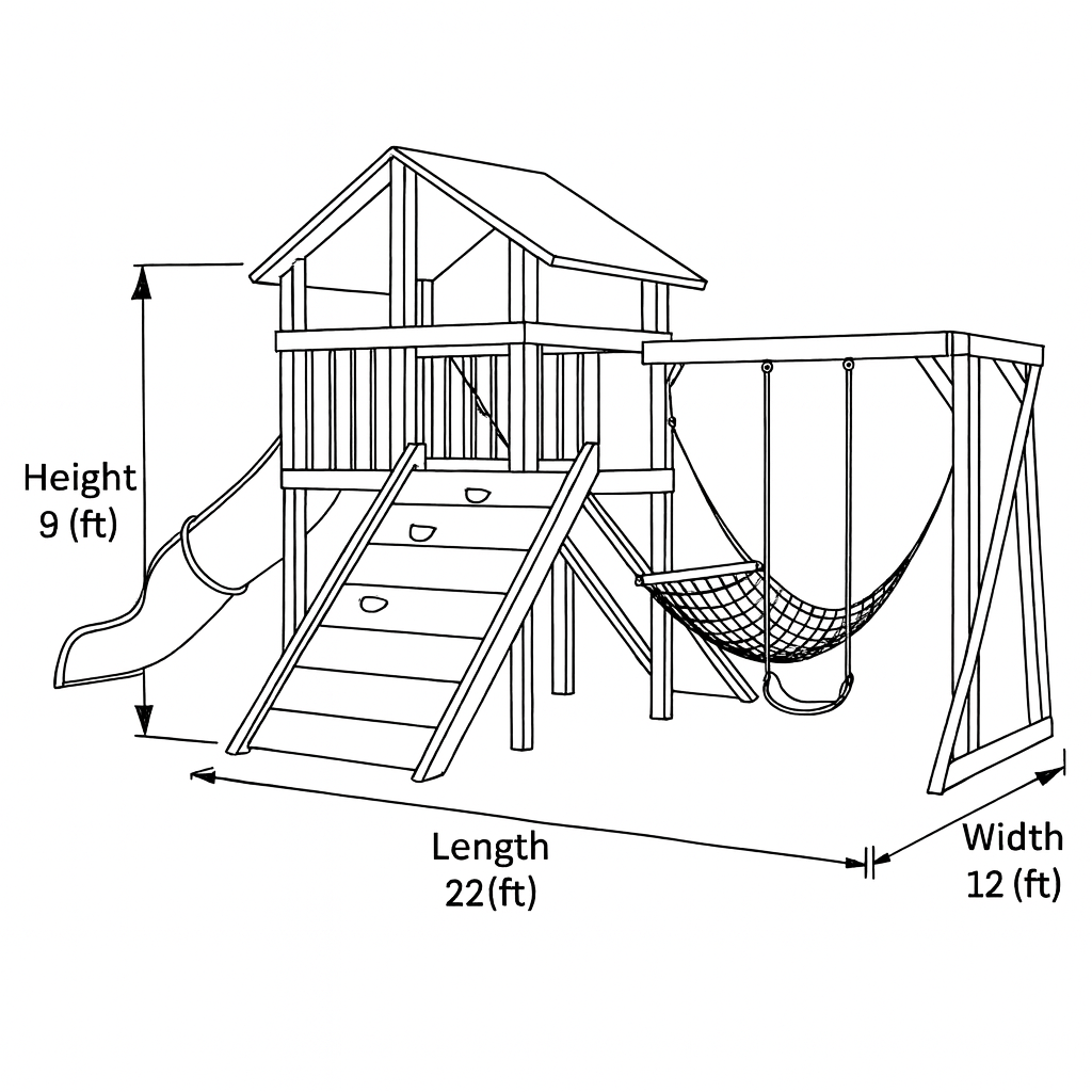 Outdoor Wooden Playset with Slide, Climbing Wall, Hammock Swing & Covered Playhouse | 22ft x 12ft x 9ft