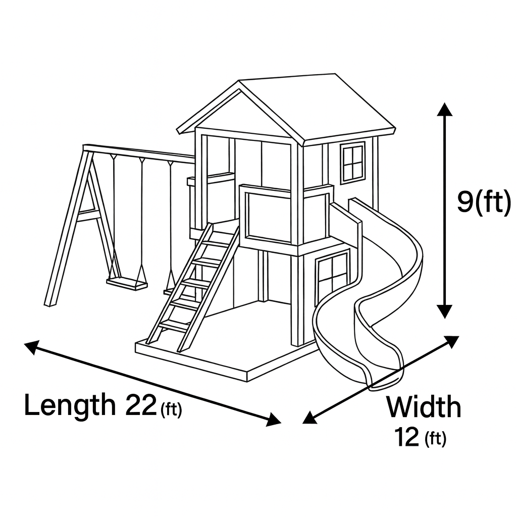 Modern Two-Story Wooden Playhouse with Spiral Slide, Balcony & Swing Set | 22ft x 12ft x 9ft Backyard Playground
