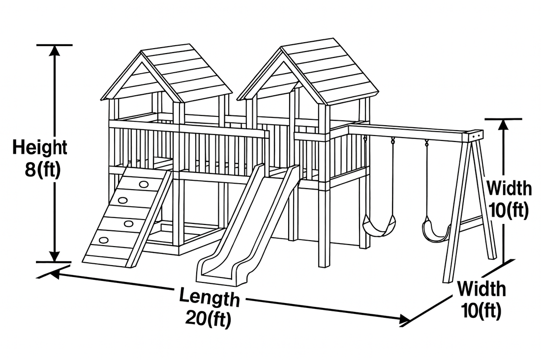 Backyard Wooden Playset with Double Tower, Slide, Swings & Climbing Wall | Outdoor Kids Playground (20ft x 10ft x 8ft)