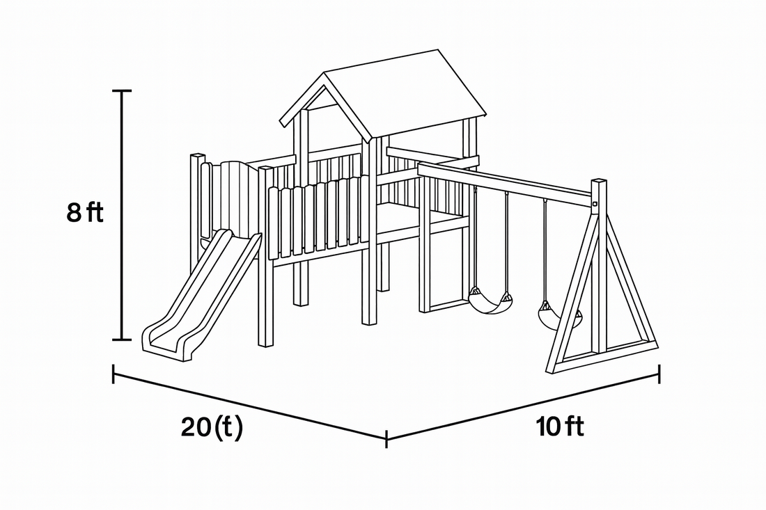 Modern Wooden Playhouse with Slide and Double Swings – Outdoor Kids Activity Set 20x10ft