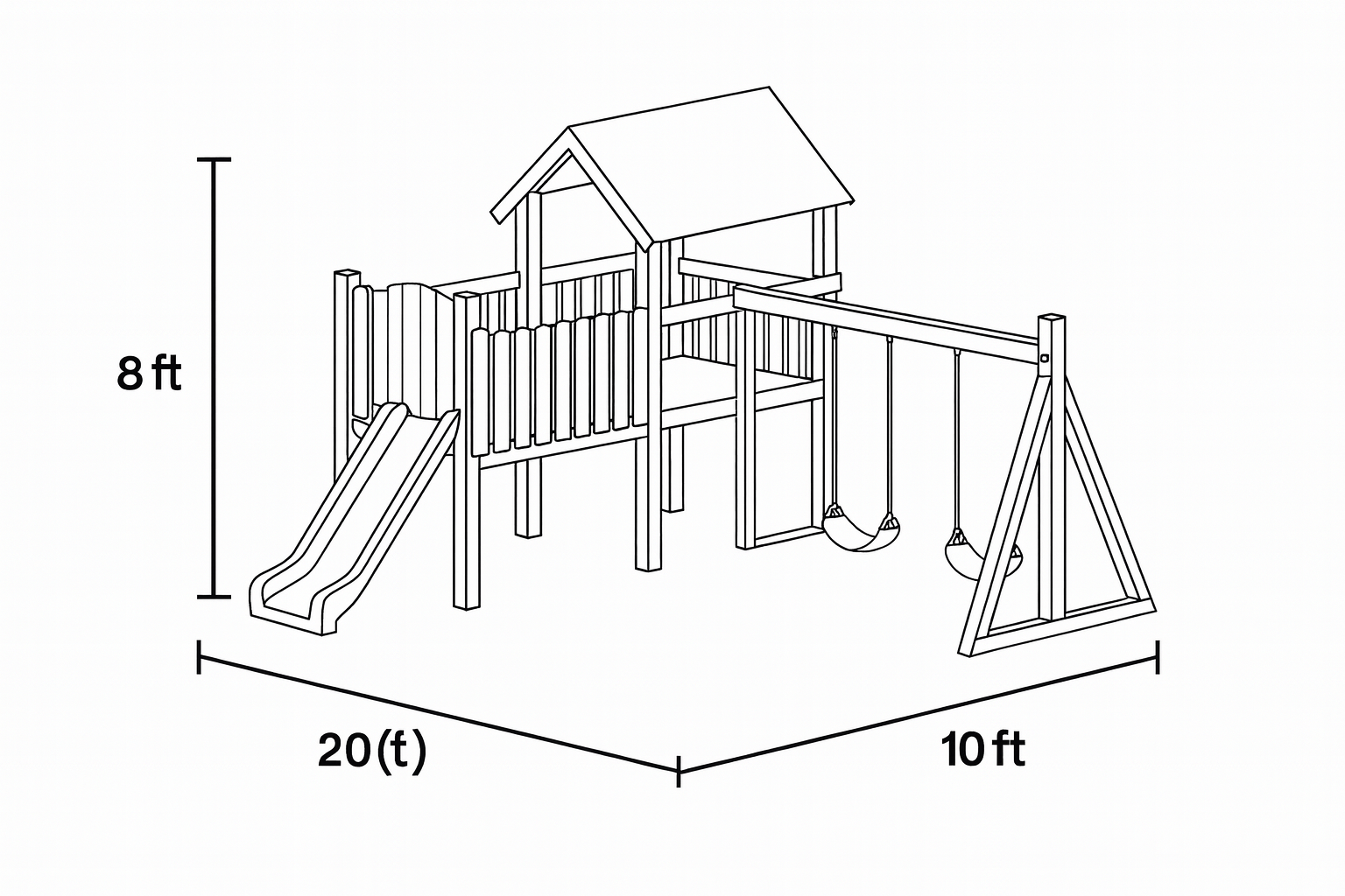 Modern Wooden Playhouse with Slide and Double Swings – Outdoor Kids Activity Set 20x10ft