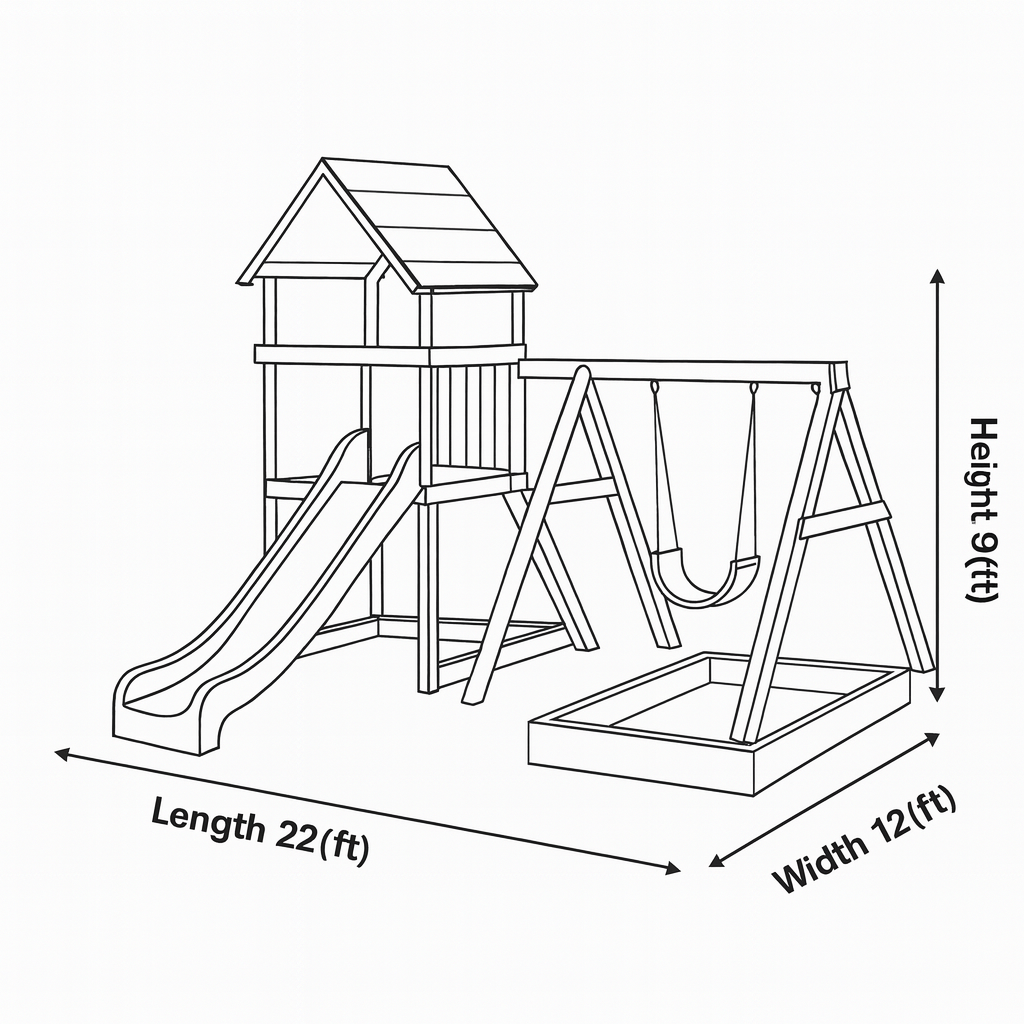 Modern Outdoor Wooden Playset with Slide, Swing & Sandbox – Backyard Playground 22x12 ft, 9 ft Height