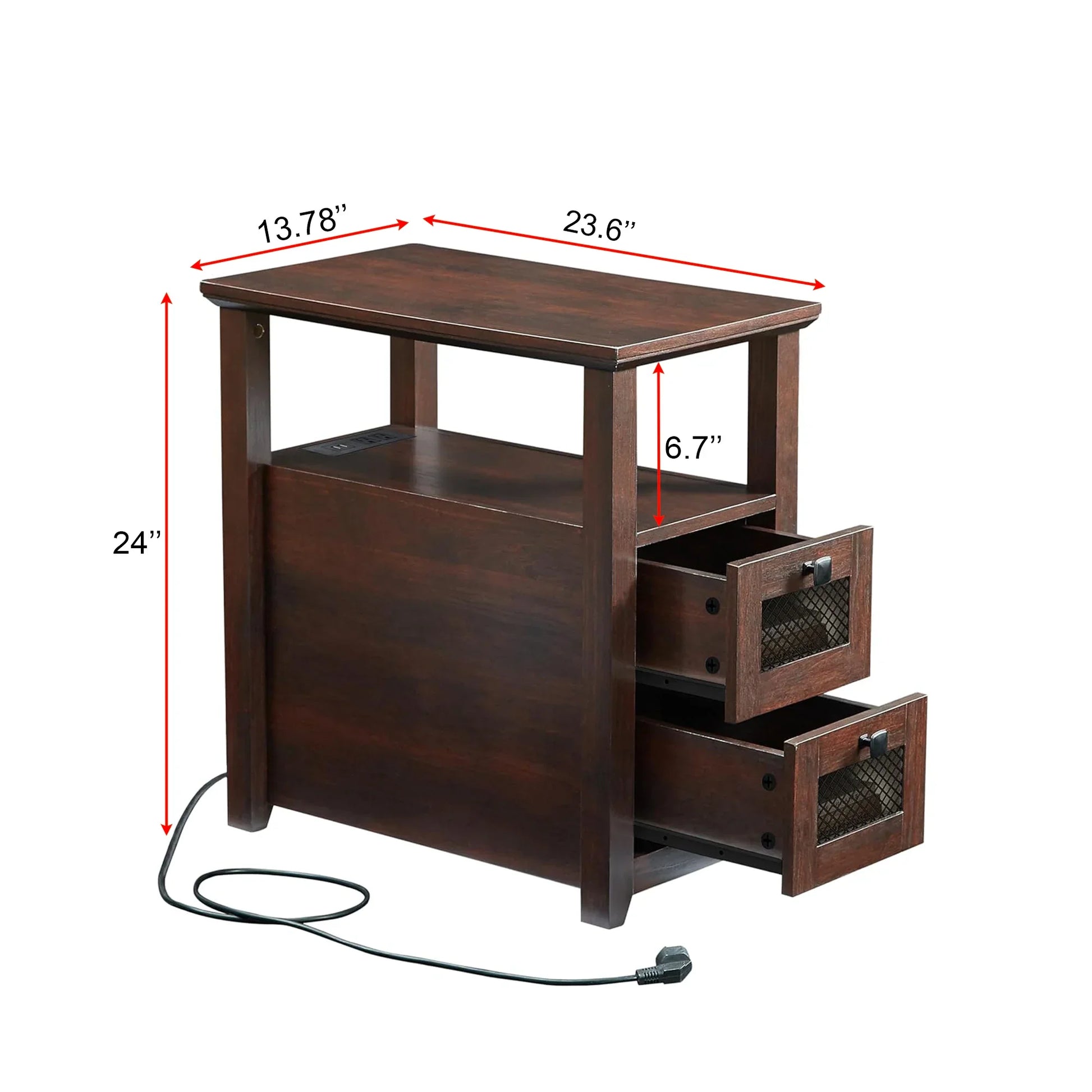 Compact Dark Wood End Table with Storage Drawers & Shelf 