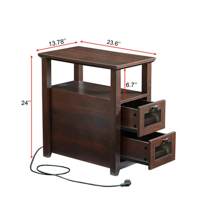 Compact Dark Wood End Table with Storage Drawers & Shelf 