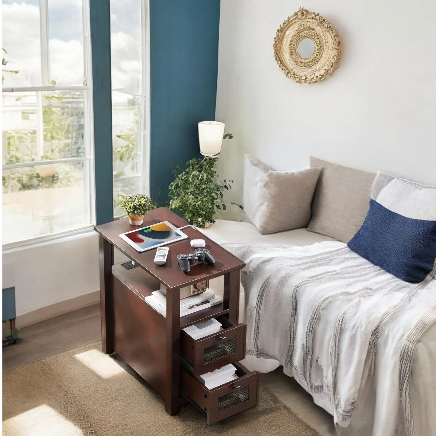 Compact Dark Wood End Table with Storage Drawers & Shelf 