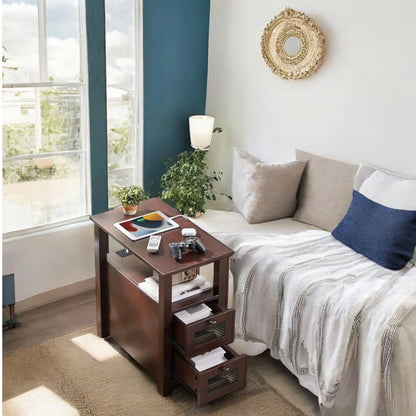 Compact Dark Wood End Table with Storage Drawers & Shelf 
