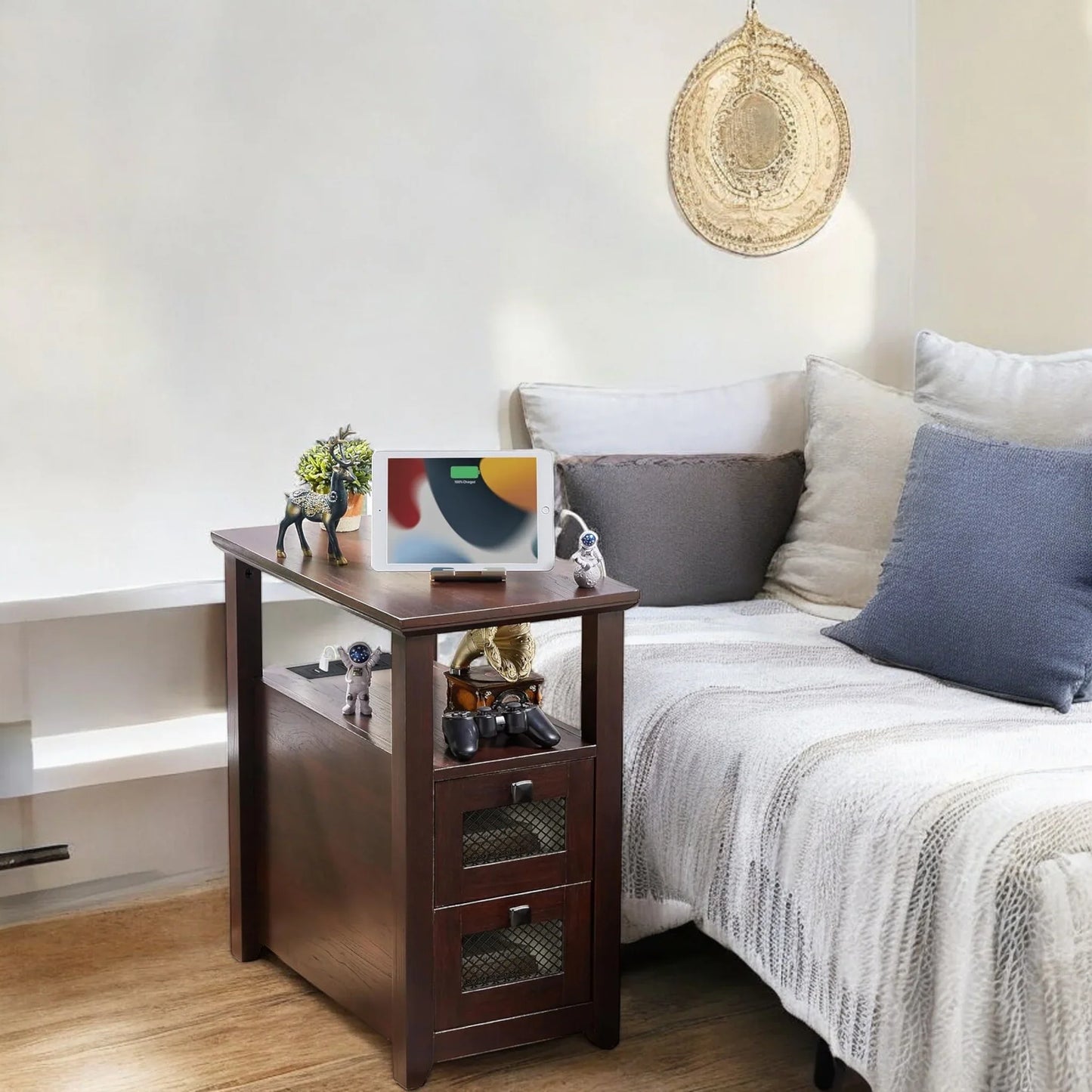 Compact Dark Wood End Table with Storage Drawers & Shelf 