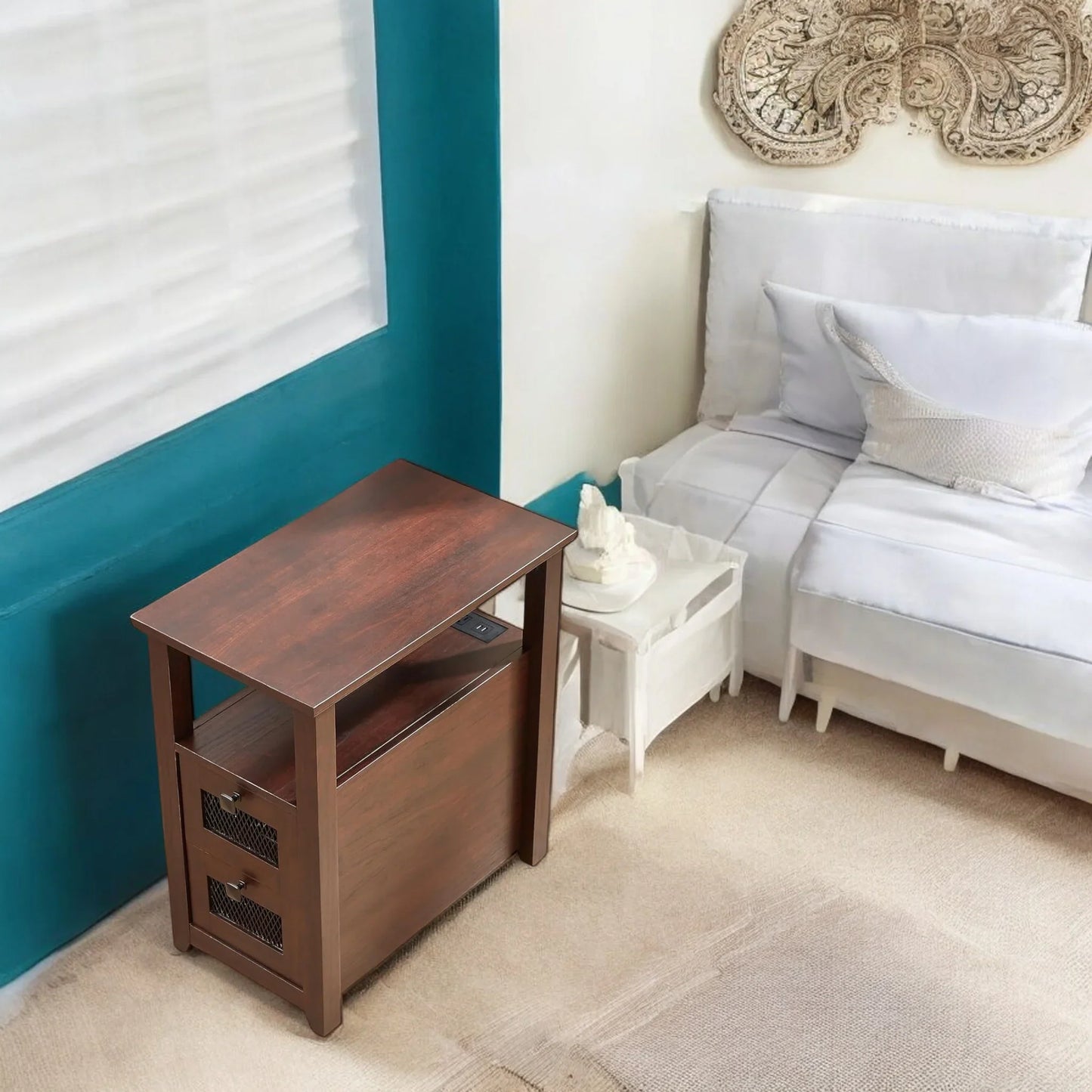 Compact Dark Wood End Table with Storage Drawers & Shelf 