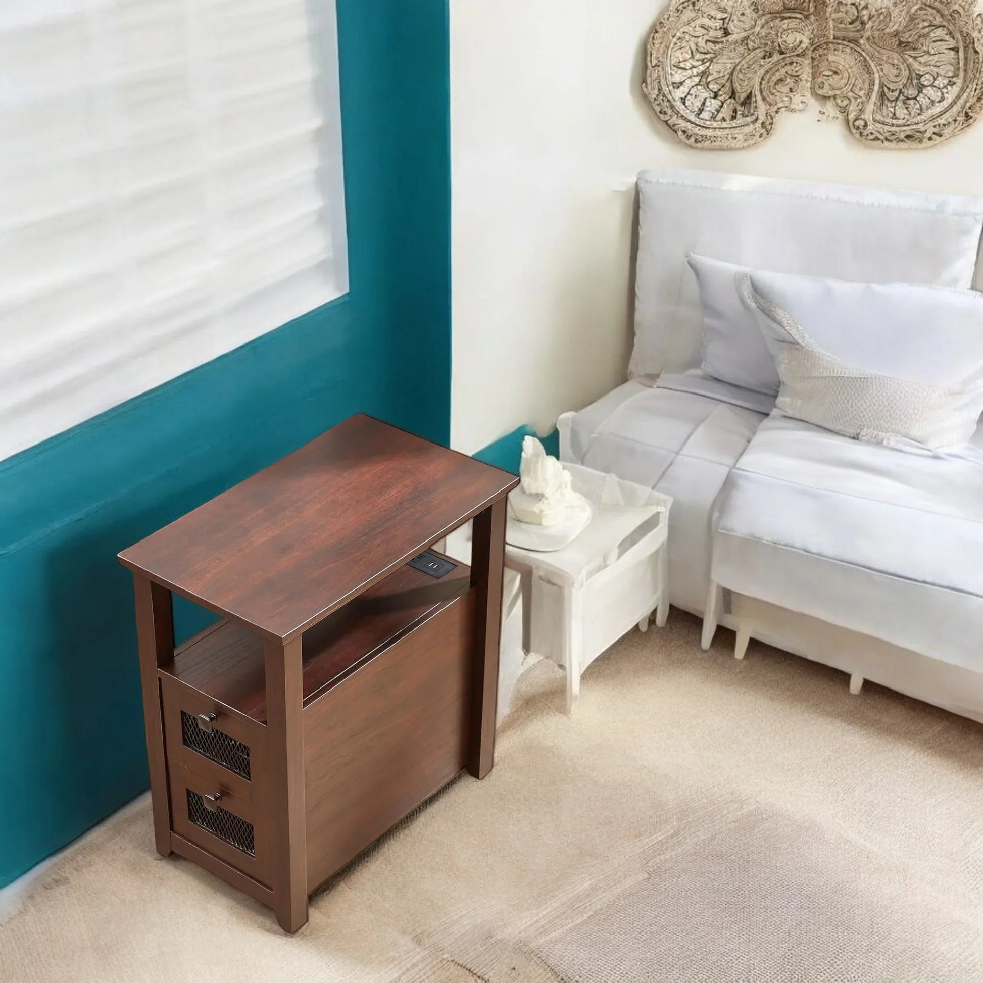 Compact Dark Wood End Table with Storage Drawers & Shelf 