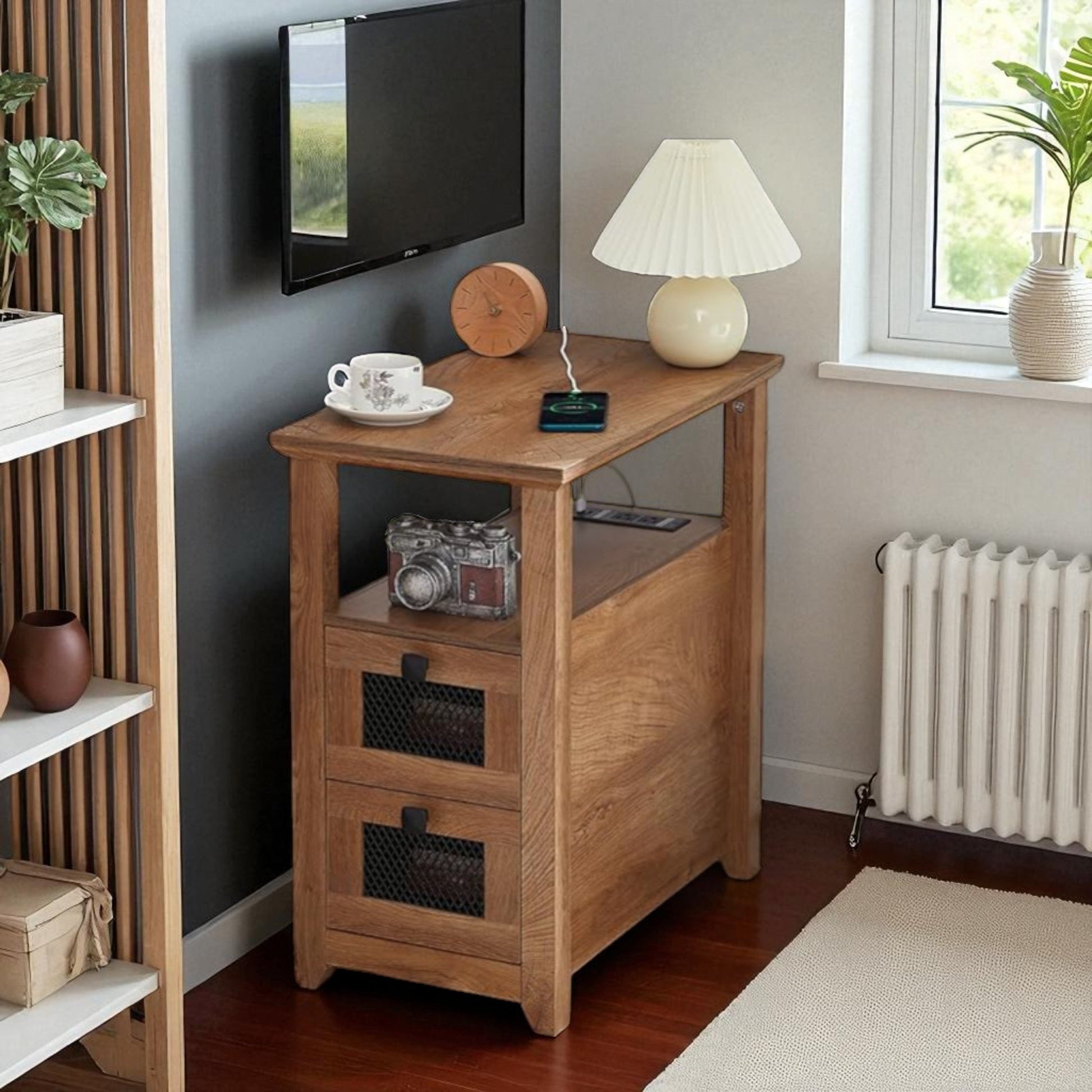 Compact Dark Wood End Table with Storage Drawers & Shelf 