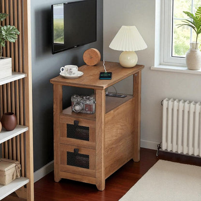Compact Dark Wood End Table with Storage Drawers & Shelf 