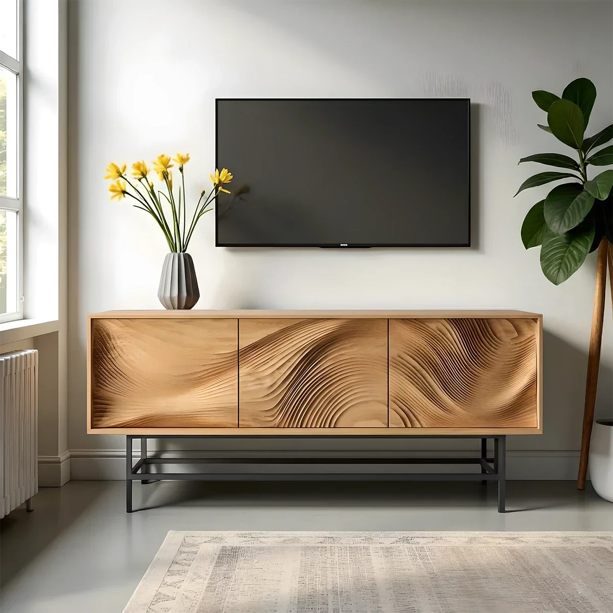 Contemporary Wave-Carved Solid Wood TV Console – Light Oak Minimalist Design - Rustira
