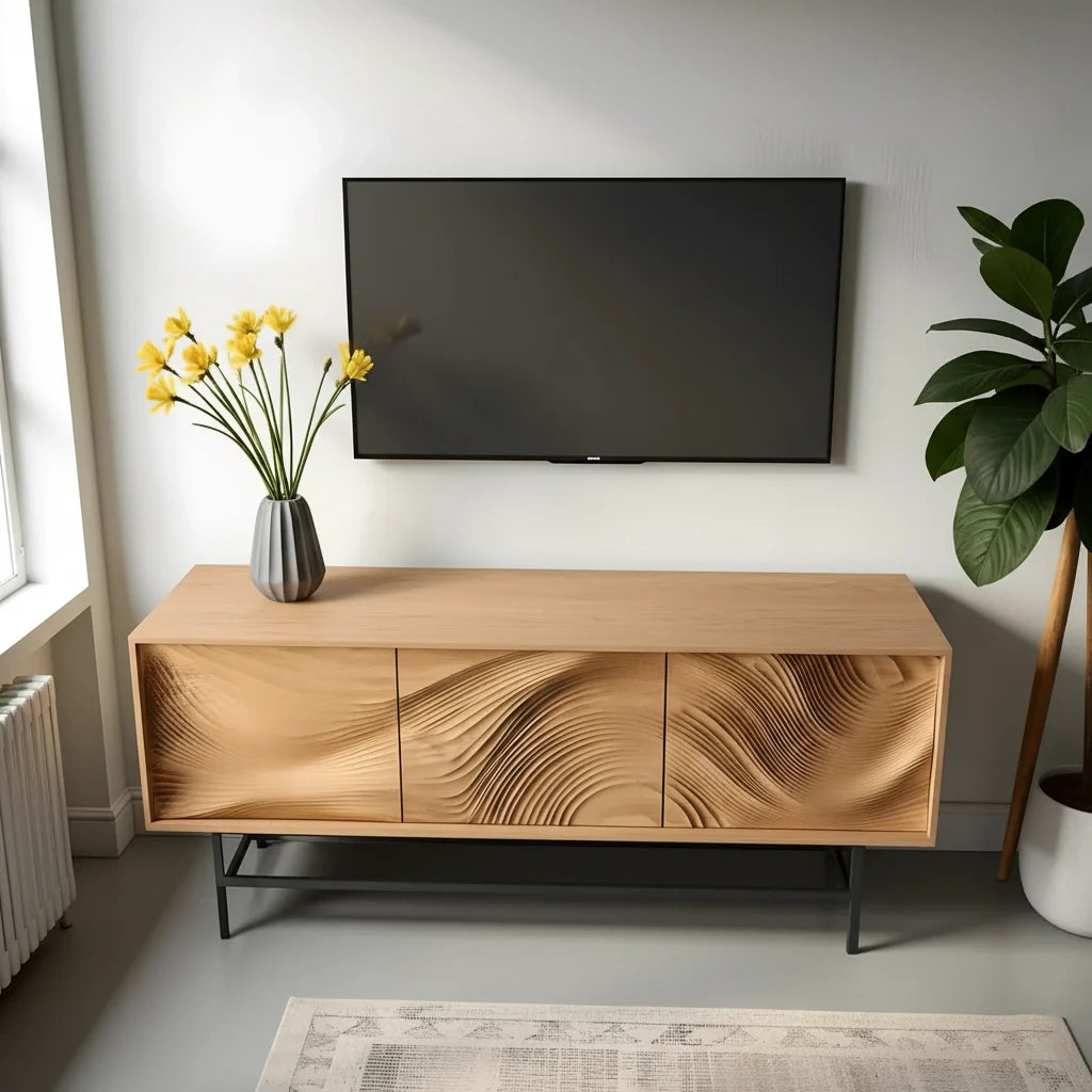 Contemporary Wave-Carved Solid Wood TV Console – Light Oak Minimalist Design - Rustira