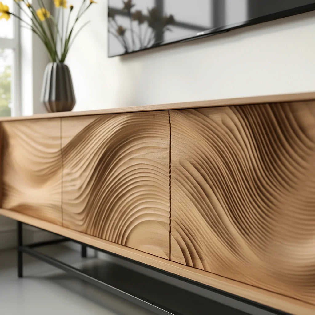Contemporary Wave-Carved Solid Wood TV Console – Light Oak Minimalist Design - Rustira