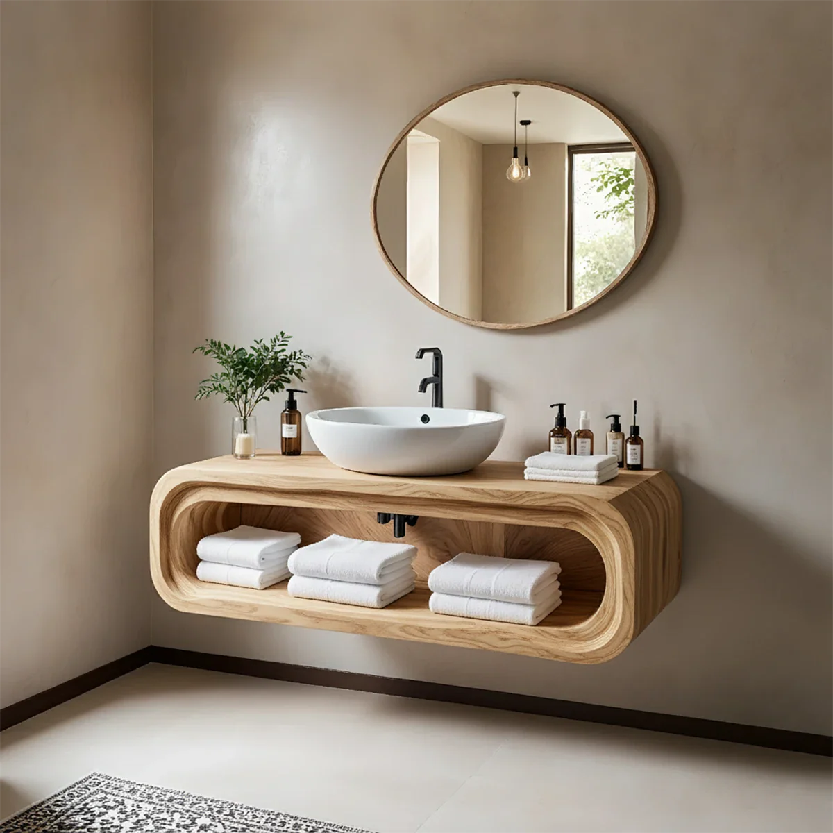 Curved Solid Wood Floating Vanity – Japandi Organic Bathroom Console - Rustira