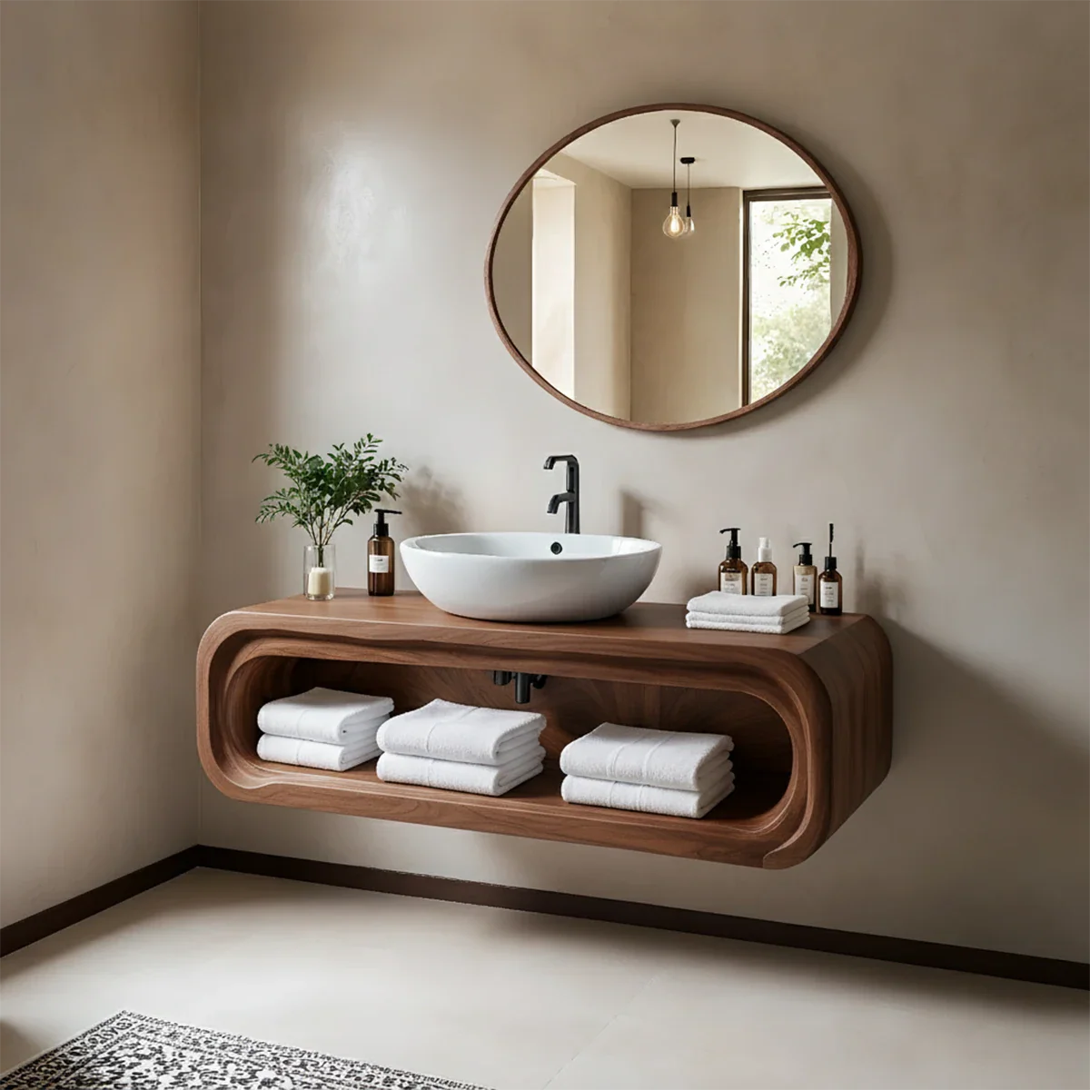 Curved Solid Wood Floating Vanity – Japandi Organic Bathroom Console - Rustira