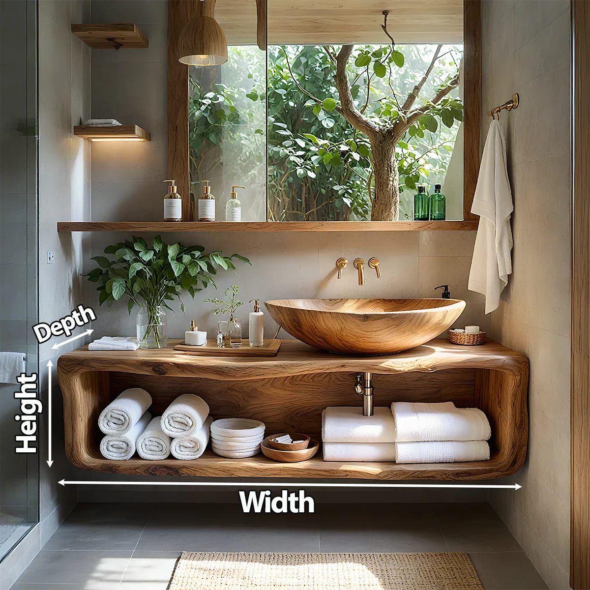 Curved Solid Wood Floating Vanity – Organic Spa Bathroom Console - Rustira