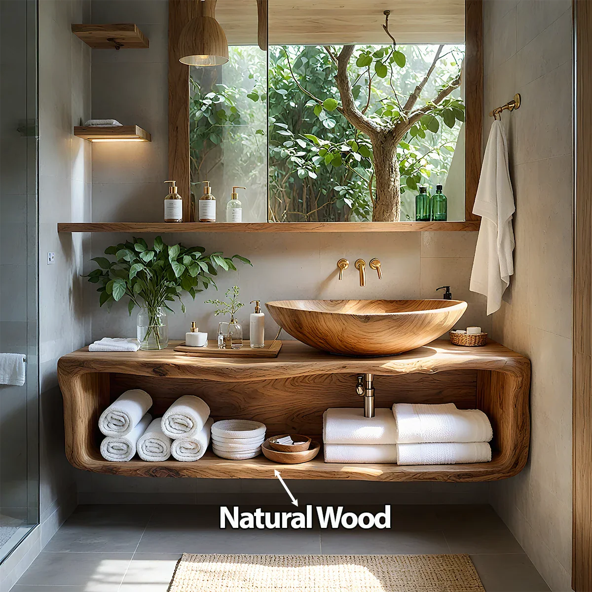 Curved Solid Wood Floating Vanity – Organic Spa Bathroom Console - Rustira