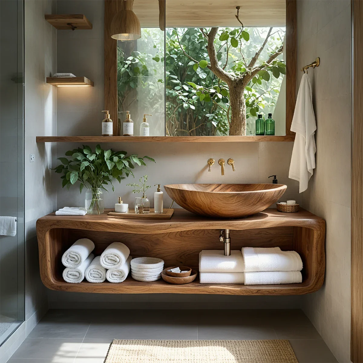 Curved Solid Wood Floating Vanity – Organic Spa Bathroom Console - Rustira