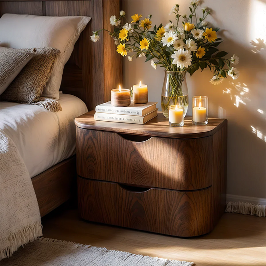 Curved Solid Wood Nightstand – Two-Drawer Minimalist Design - Rustirawood