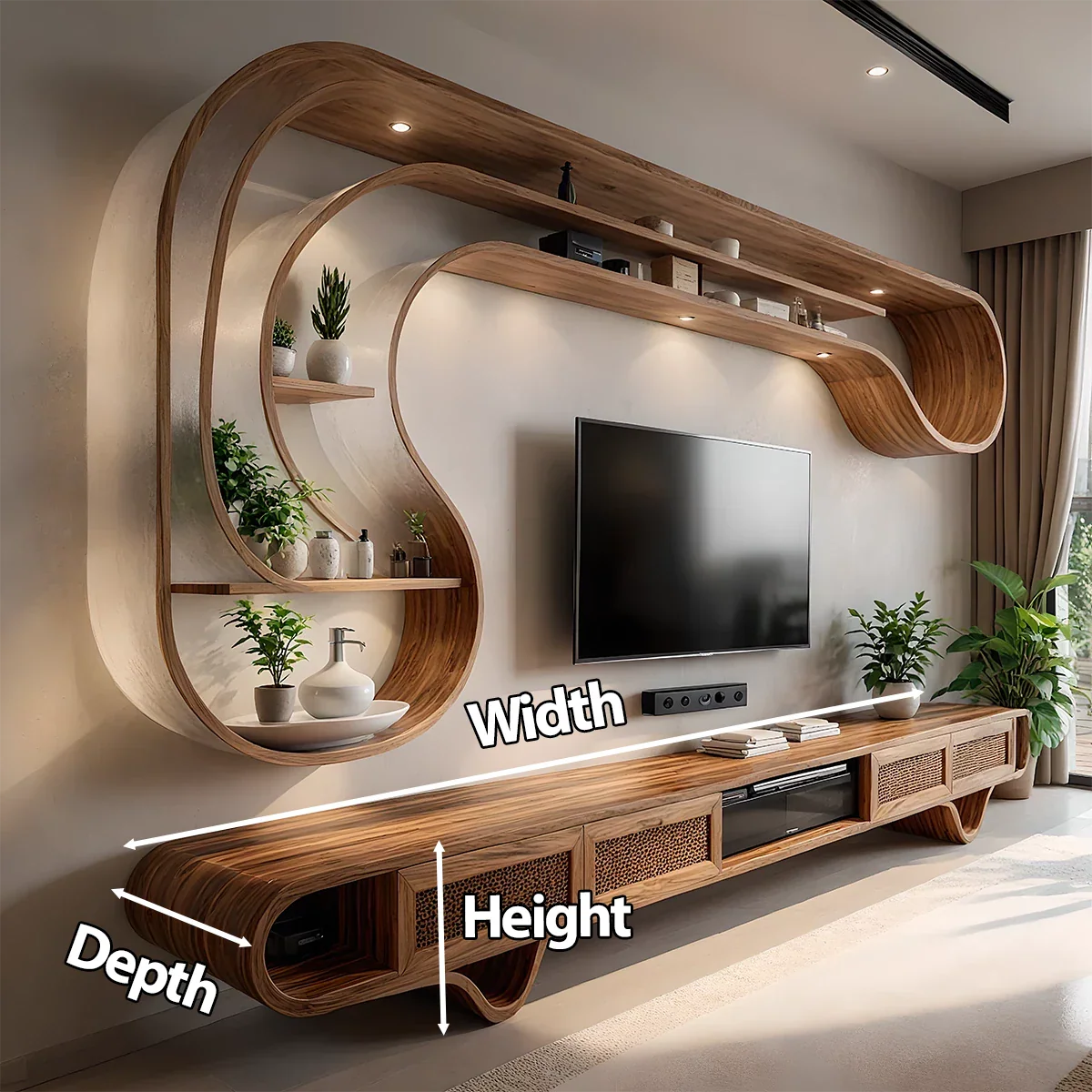 Curved Solid Wood TV Stand & Floating Wave Shelf Set – Modern Sculptural Media Wall - Rustira