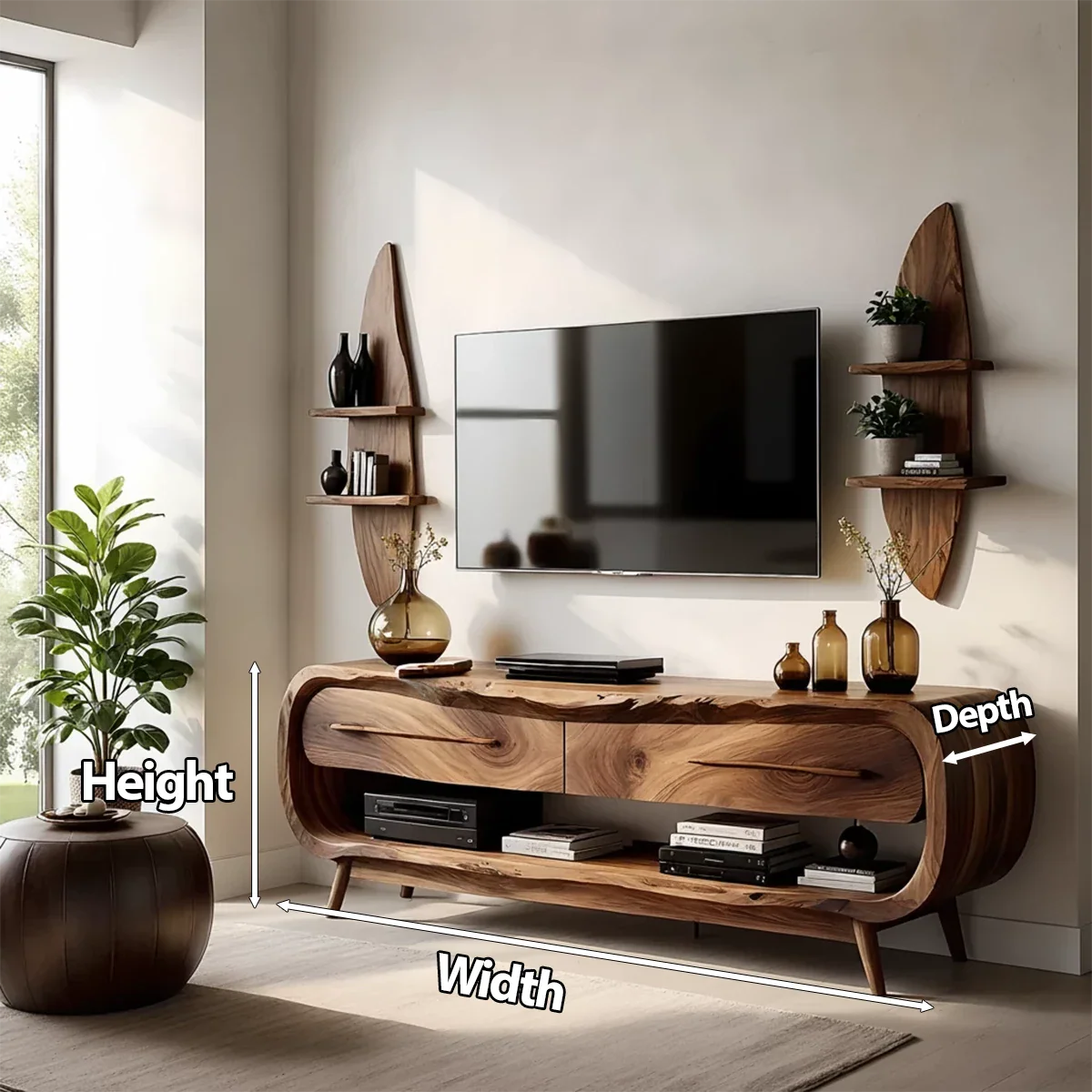 Curved Solid Wood TV Stand Set with Floating Shelves - Organic Modern Media Console - Rustira