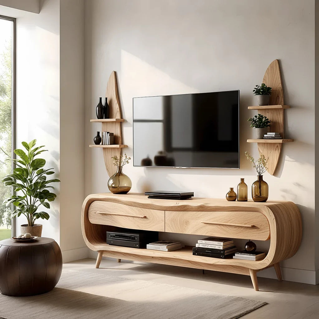 Curved Solid Wood TV Stand Set with Floating Shelves - Organic Modern Media Console - Rustira