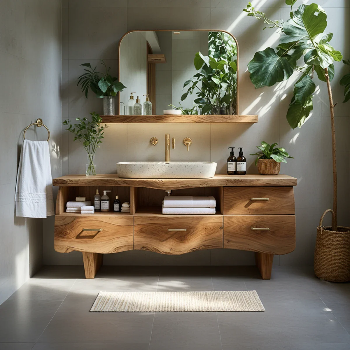 Curved Solid Wood Vanity with Legs – Japandi Spa Bathroom Console - Rustira