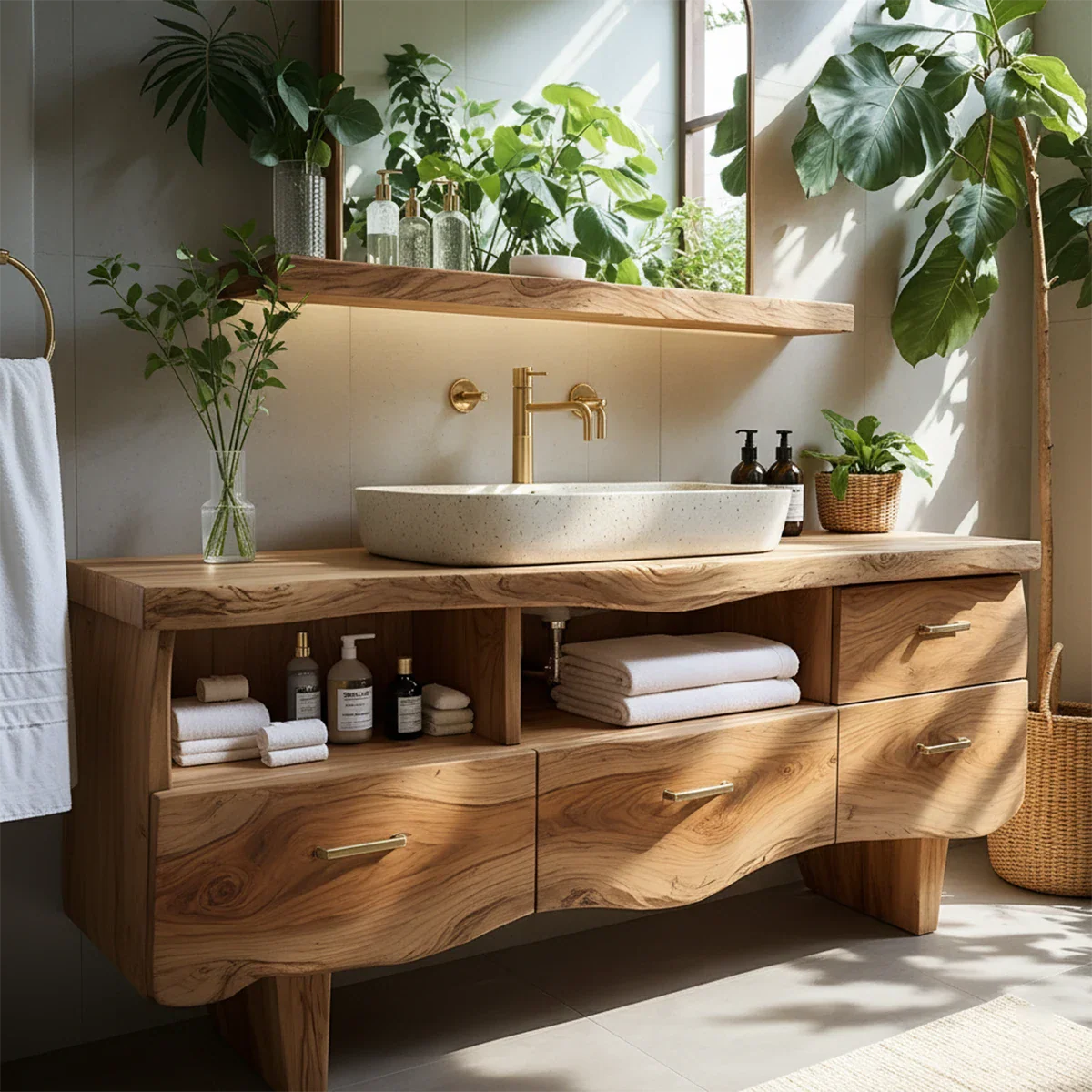 Curved Solid Wood Vanity with Legs – Japandi Spa Bathroom Console - Rustira