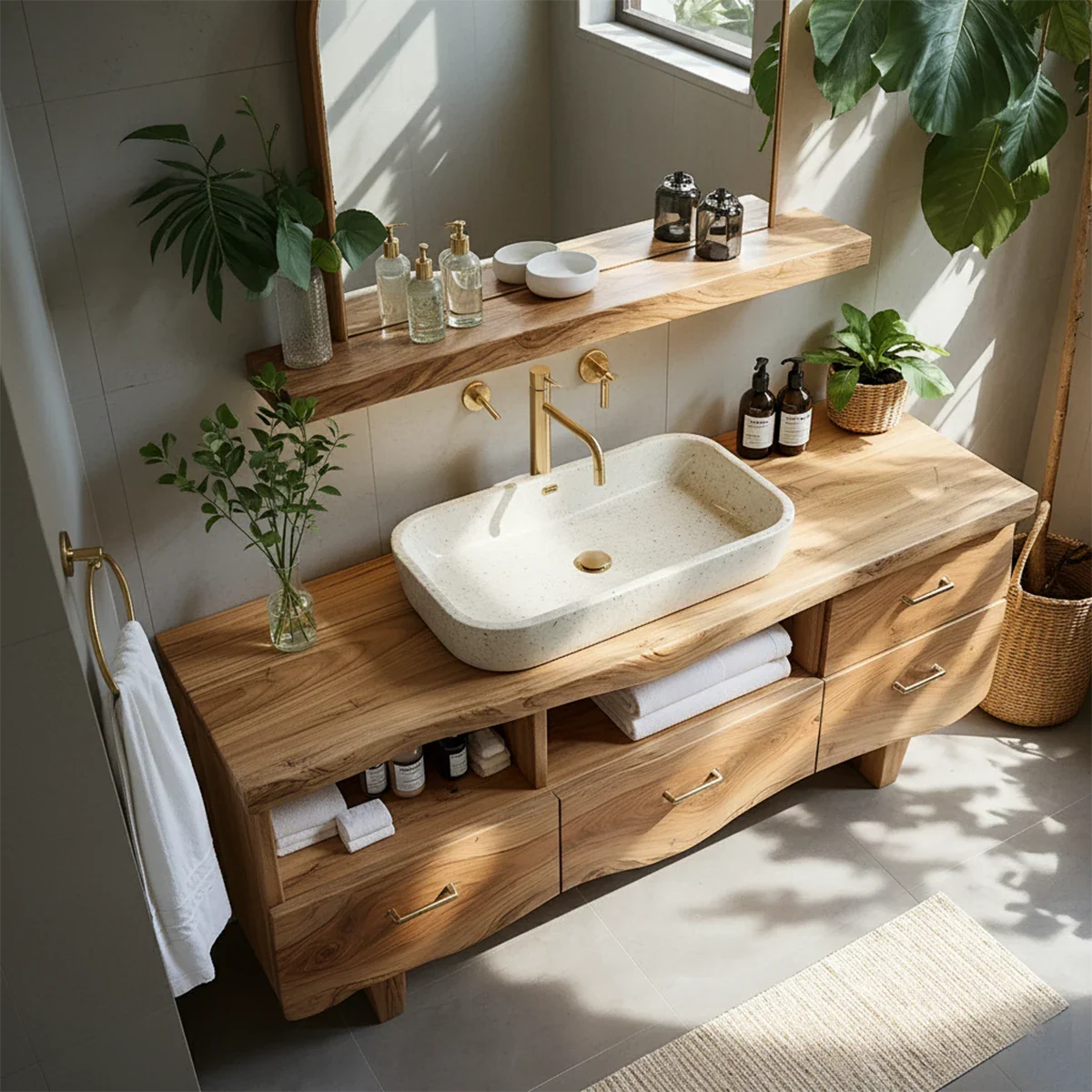 Curved Solid Wood Vanity with Legs – Japandi Spa Bathroom Console - Rustira