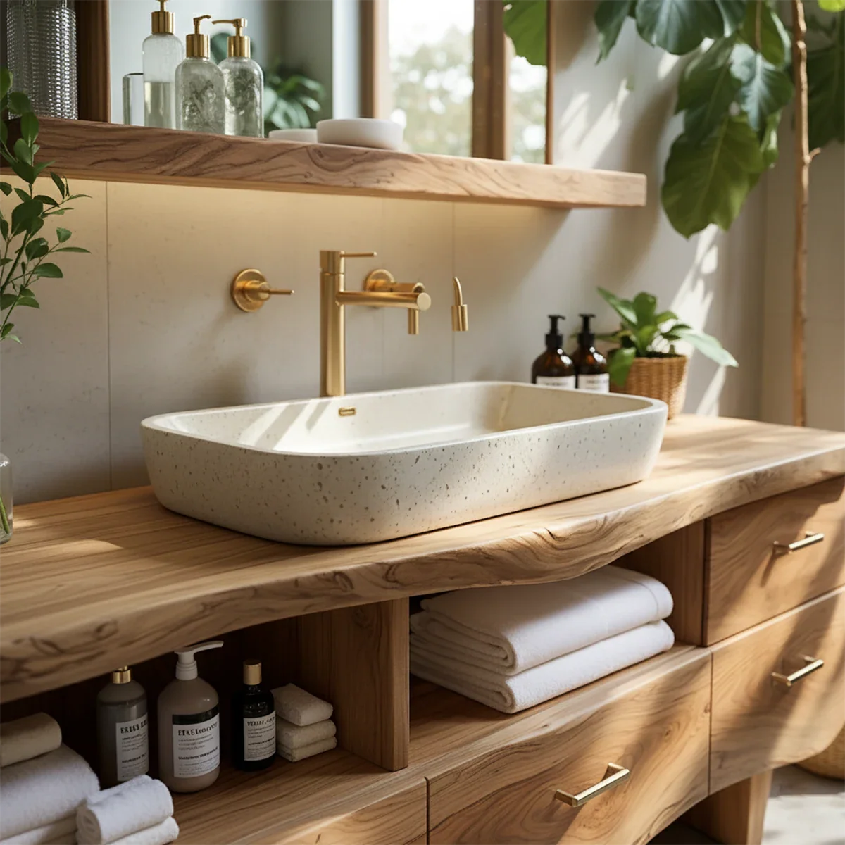 Curved Solid Wood Vanity with Legs – Japandi Spa Bathroom Console - Rustira