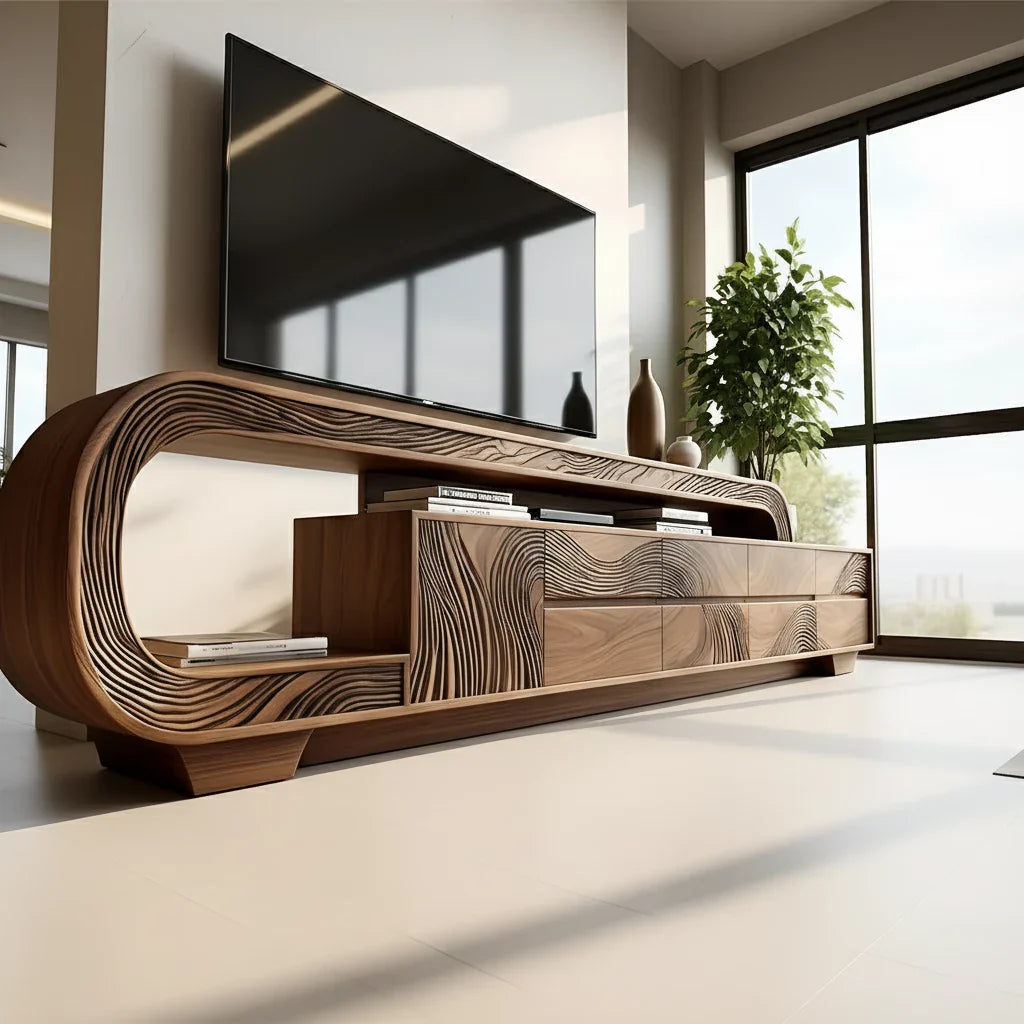 Curved Walnut Wave Carved Media Console - Modern Art TV Stand - Rustira