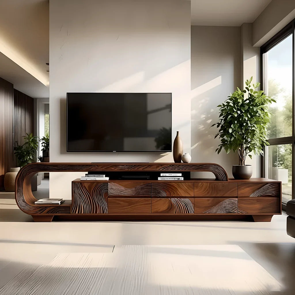 Curved Walnut Wave Carved Media Console - Modern Art TV Stand - Rustira