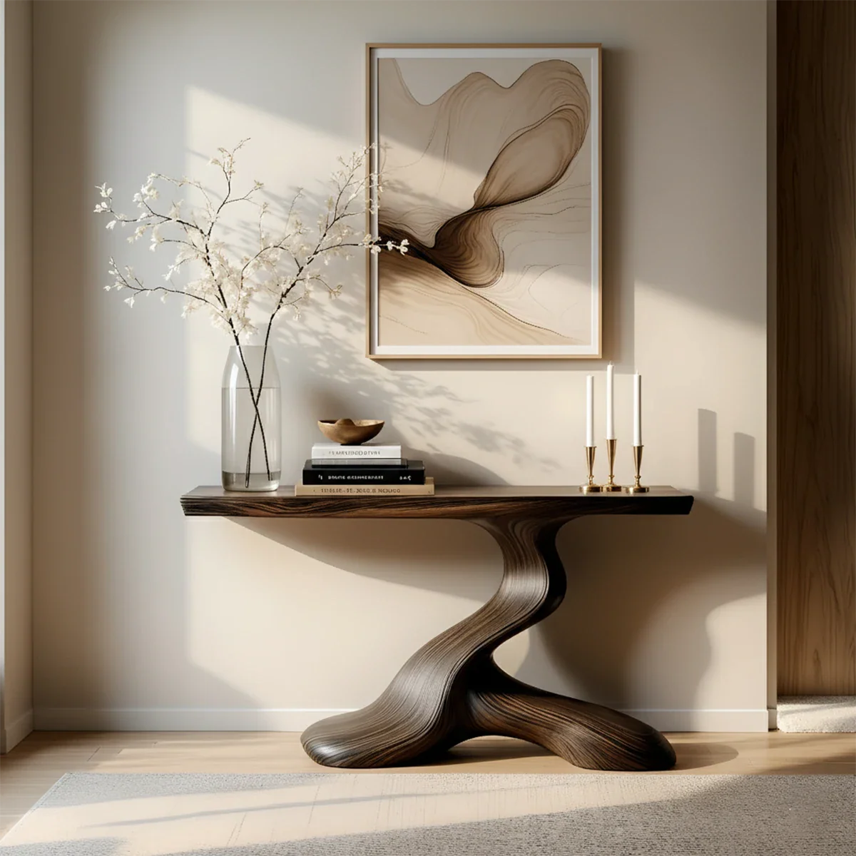 Dark Sculptural Solid Wood Console — Organic Japandi Entry Table - Rustira