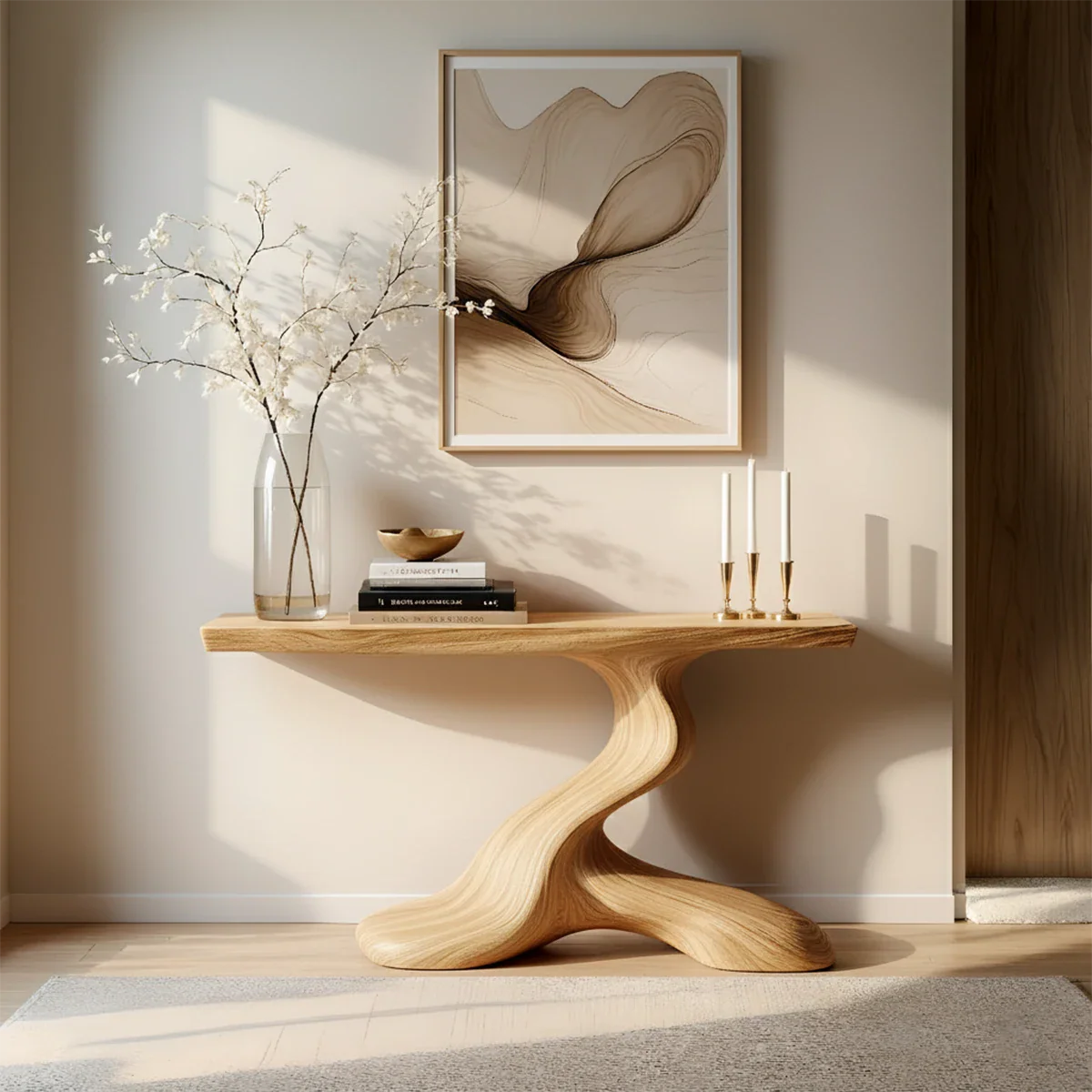 Dark Sculptural Solid Wood Console — Organic Japandi Entry Table - Rustira