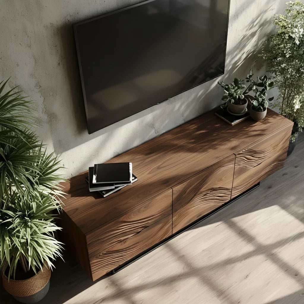 Dark Walnut Sculpted TV Stand – Modern Organic Wave Media Console - Rustira