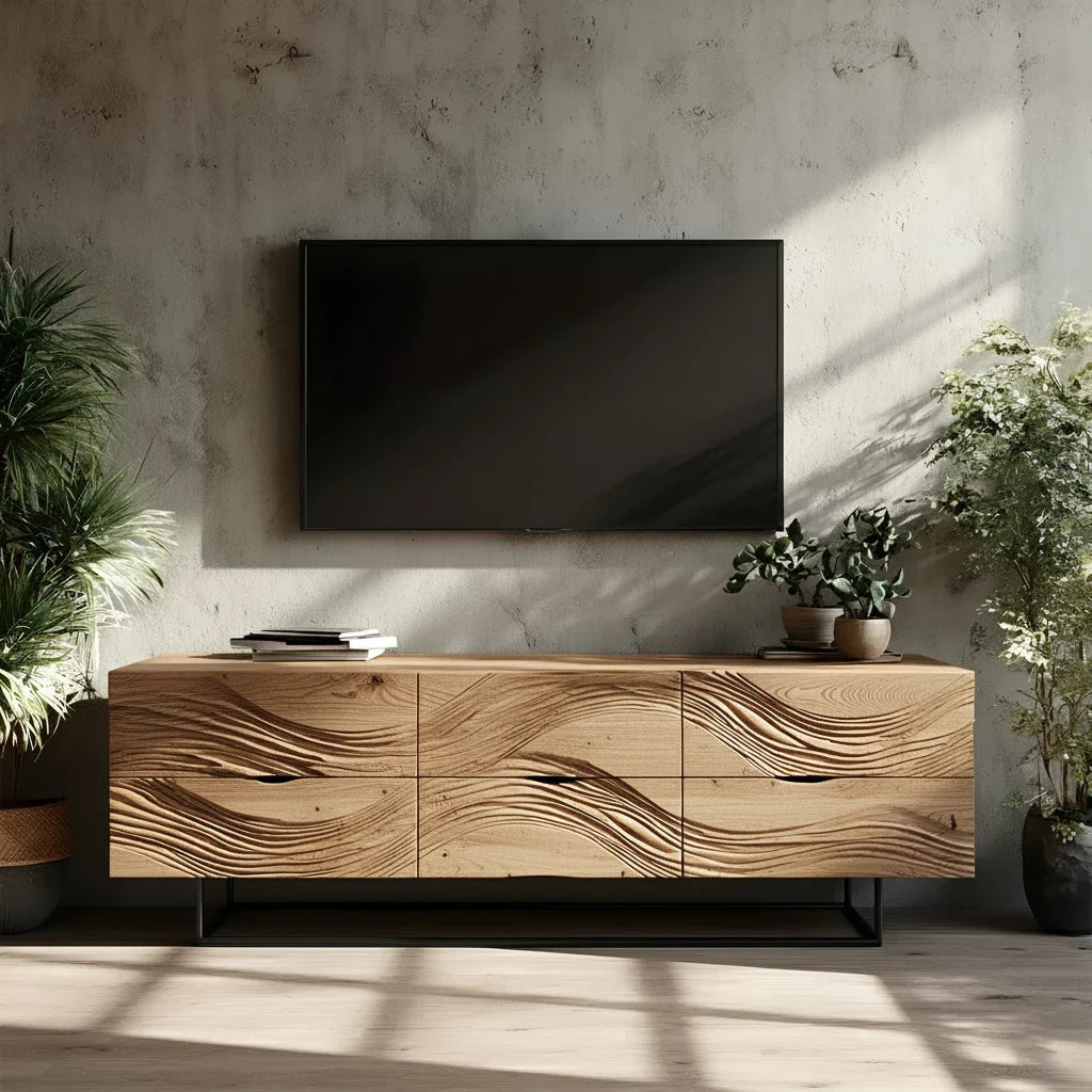 Dark Walnut Sculpted TV Stand – Modern Organic Wave Media Console - Rustira