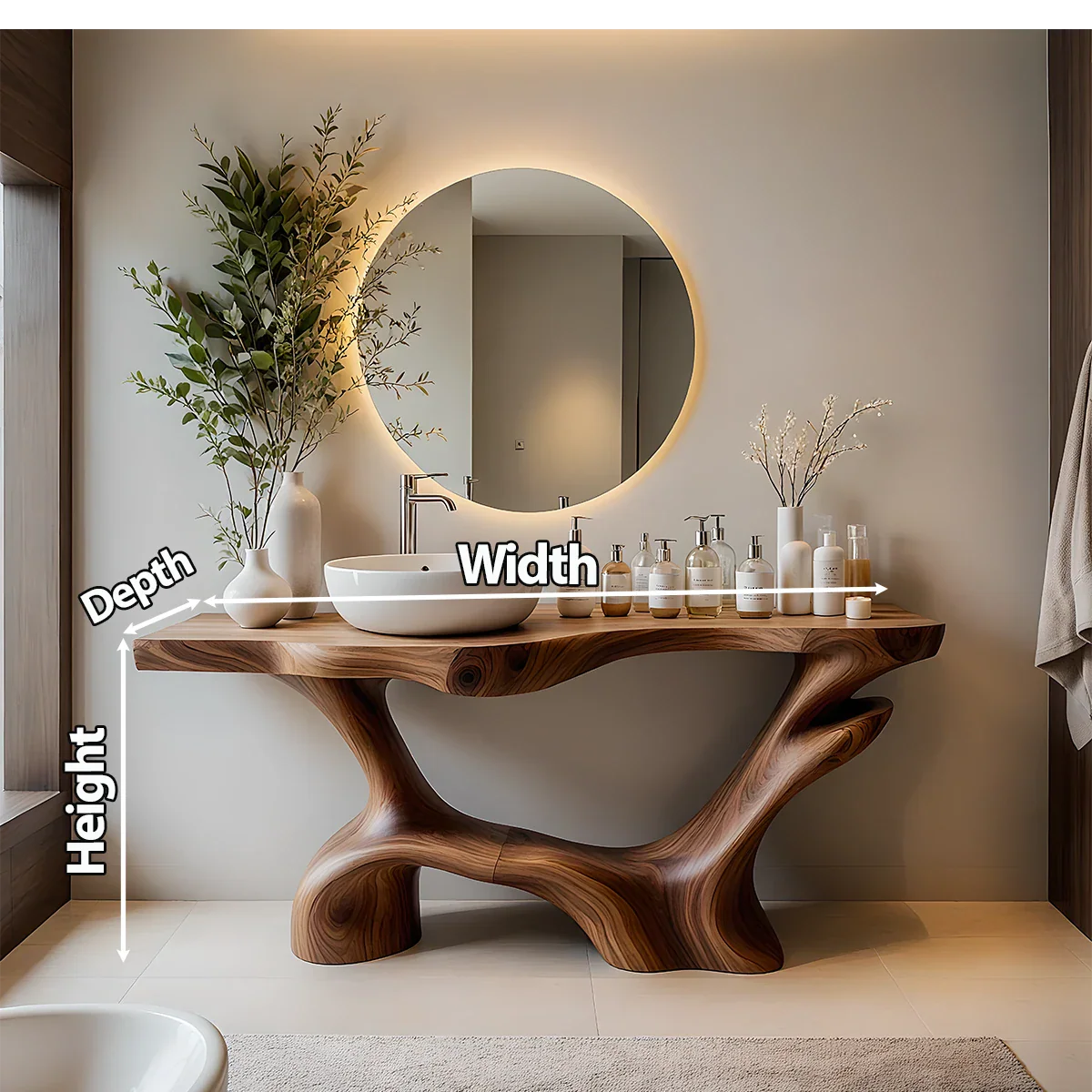 Double-Sculpted Wood Pedestal Vanity – Organic Modern Bathroom Sink Table - Rustira