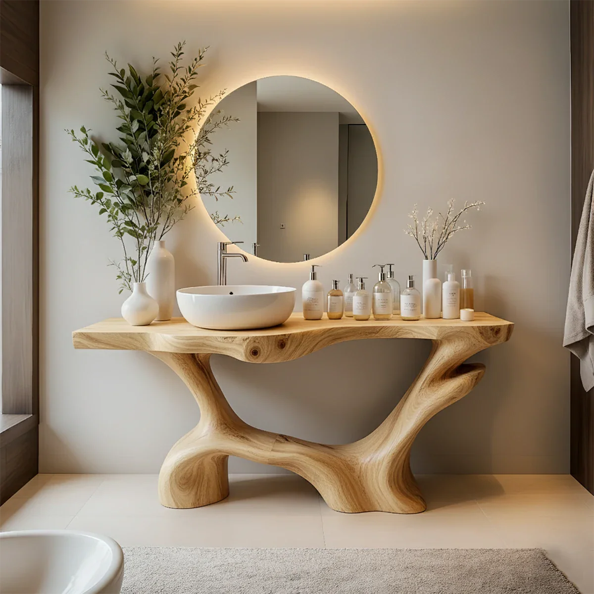 Double-Sculpted Wood Pedestal Vanity – Organic Modern Bathroom Sink Table - Rustira